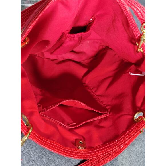 Red Woven Structured Handbag Gold Tone Hardware Top Handle Tote Studded Purse - Picture 10 of 12